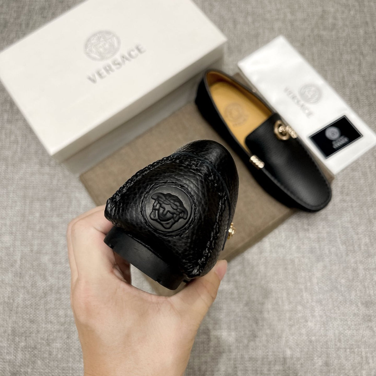 Versace Black Textured Slip-On Loafers — detail