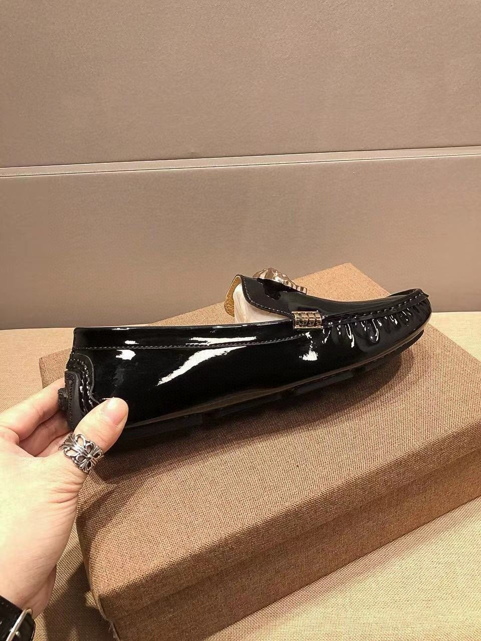 Versace Black Patent Leather Medusa-Style Loafers — side