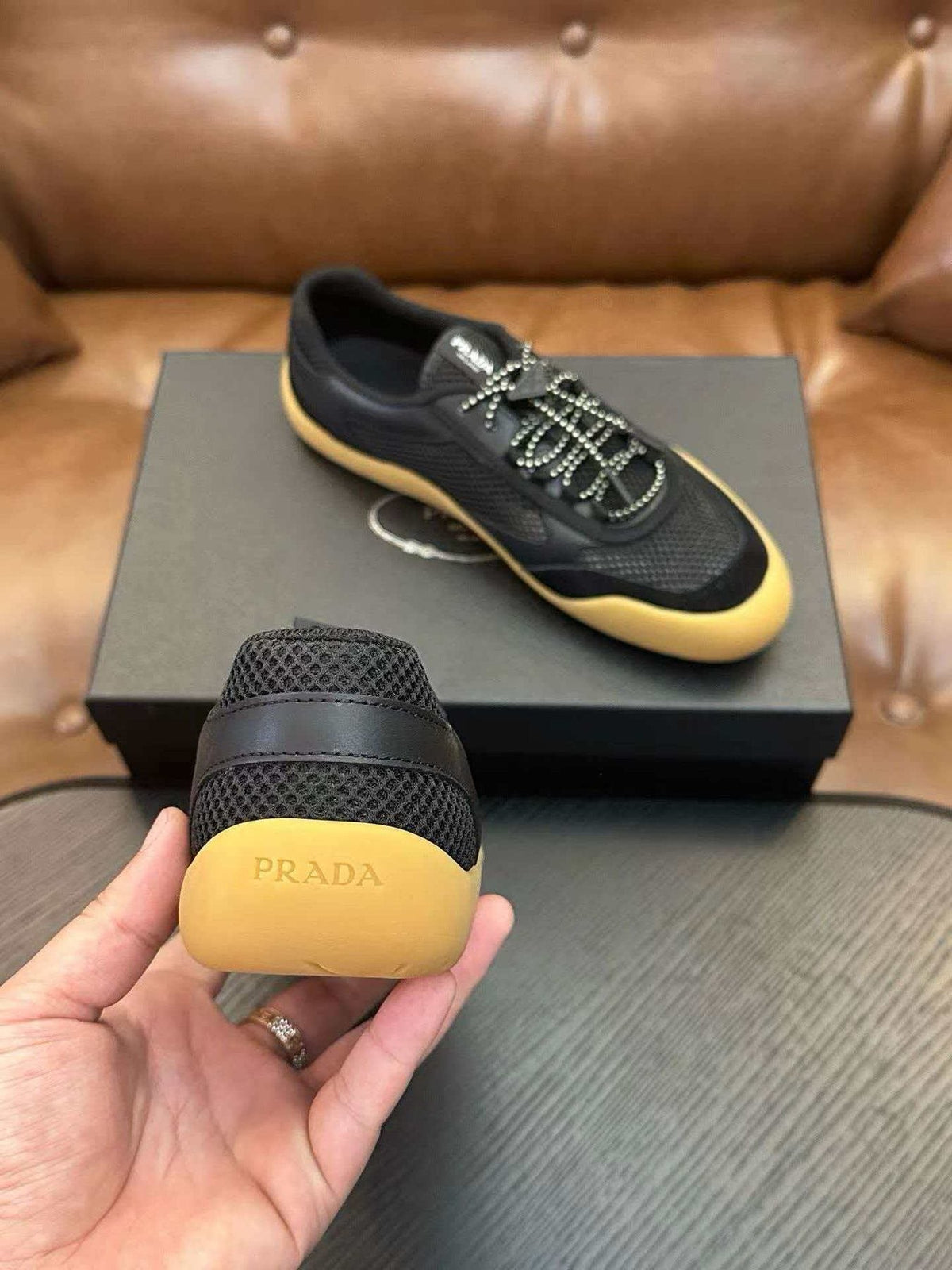 Prada Black Yellow-Sole Sneakers — back
