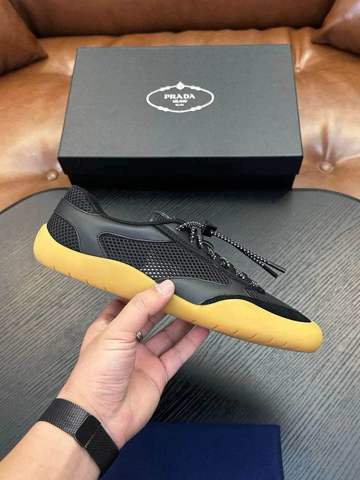 Prada Black Yellow-Sole Sneakers — side