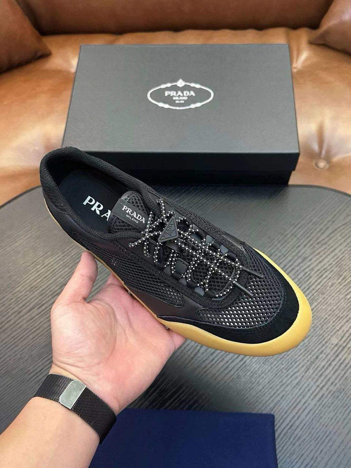 Prada Black Yellow-Sole Sneakers — side