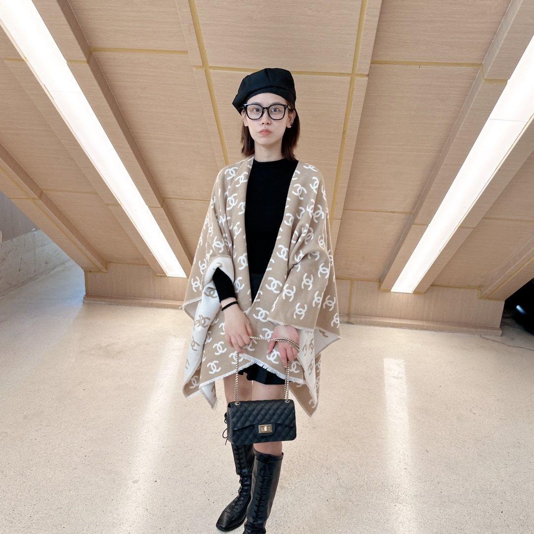 Chanel Fringed Monogram Shawl — model