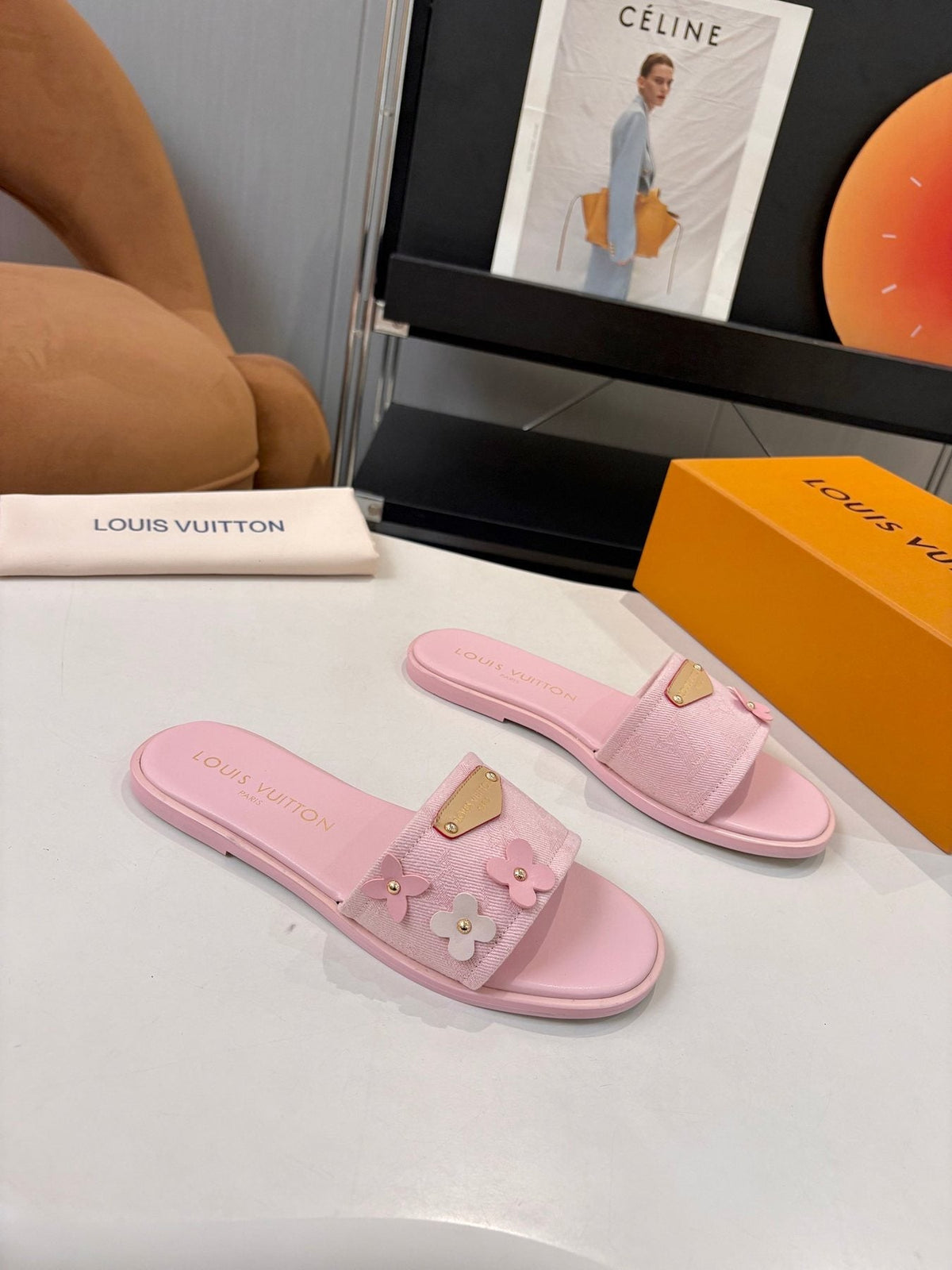 Louis Vuitton Pink Flower Slide Sandals — front