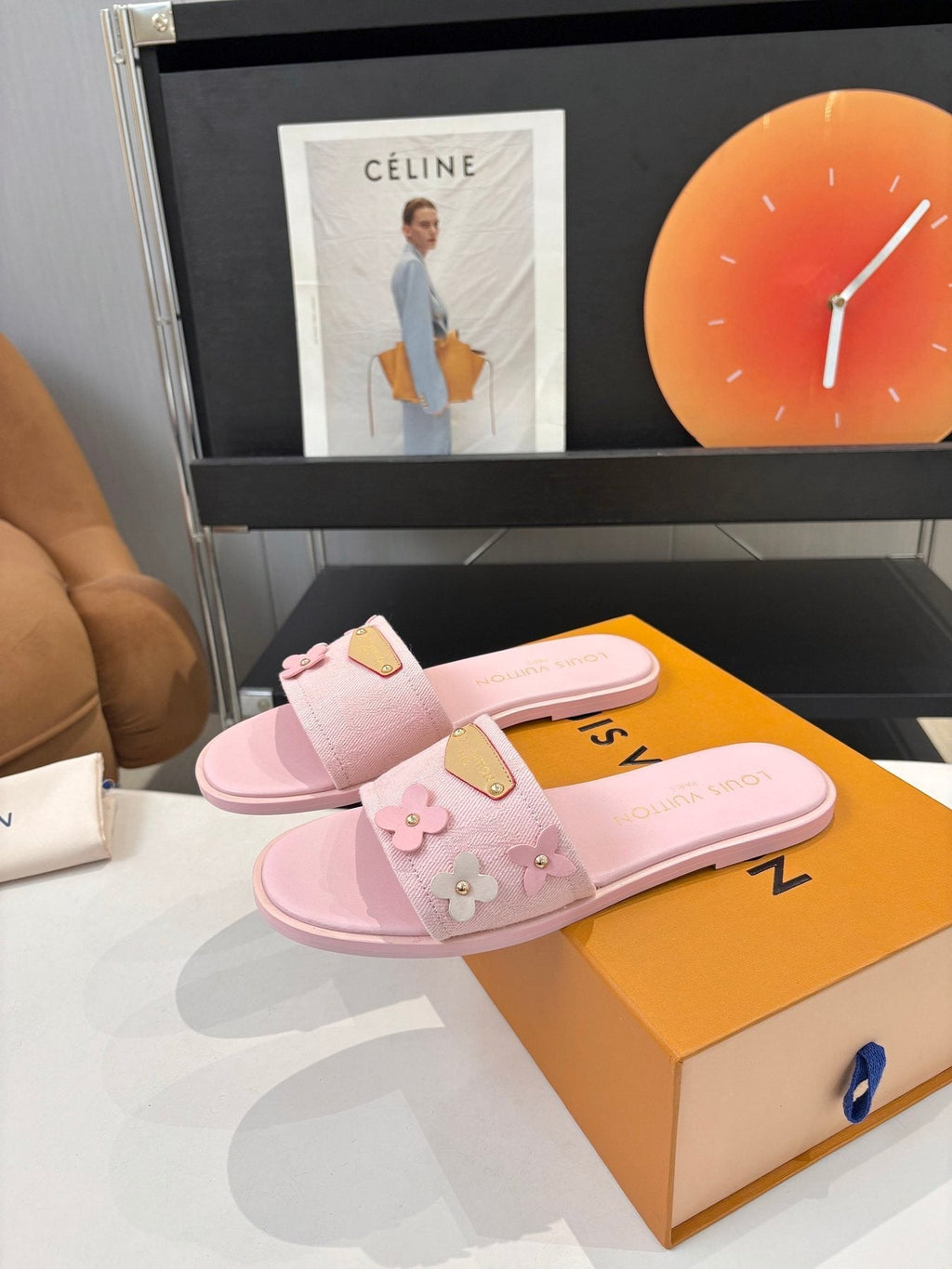 Louis Vuitton Pink Flower Slide Sandals — front