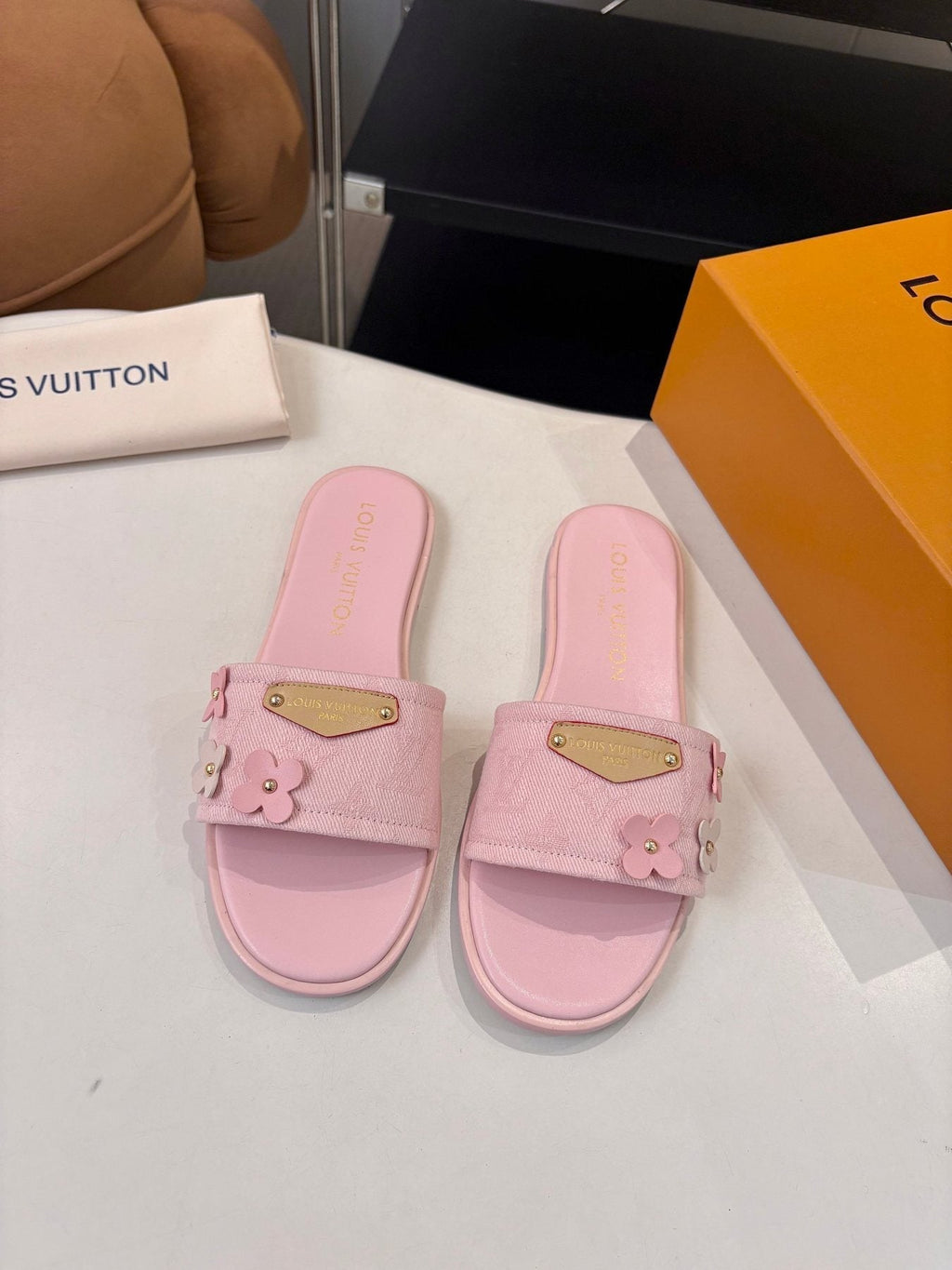 Louis Vuitton Pink Flower Slide Sandals — front
