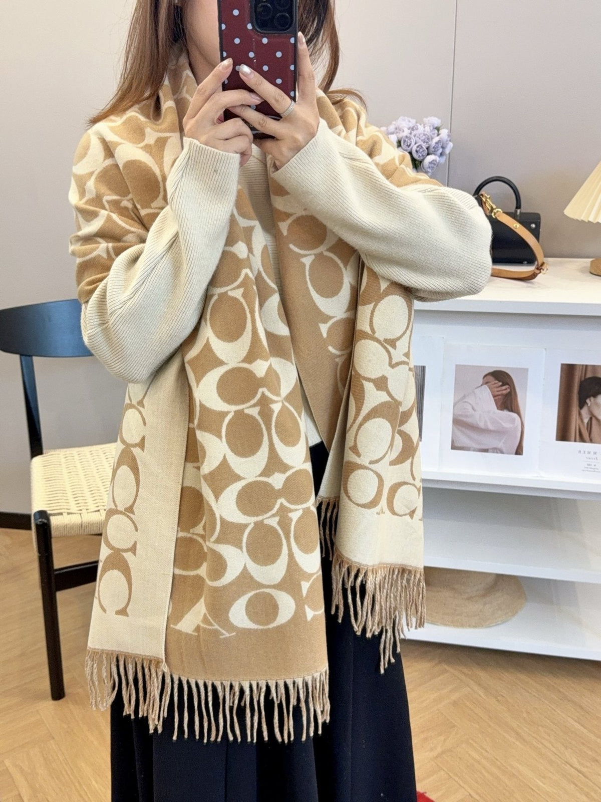 Coach Patterned Fringed Scarf — model