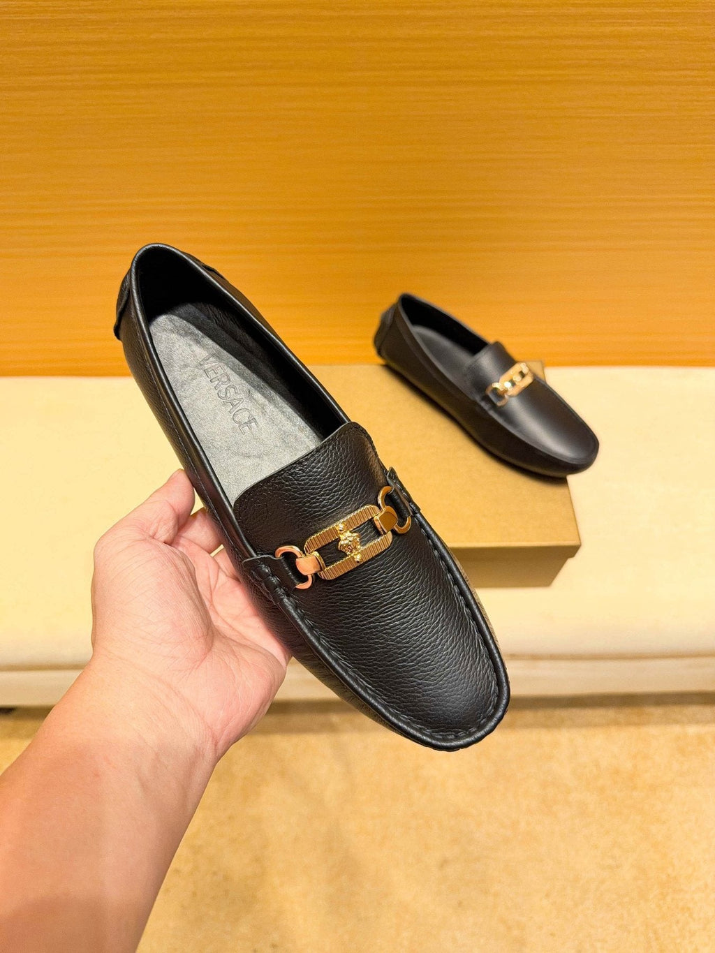 Versace Black Textured Hardware Loafers — front