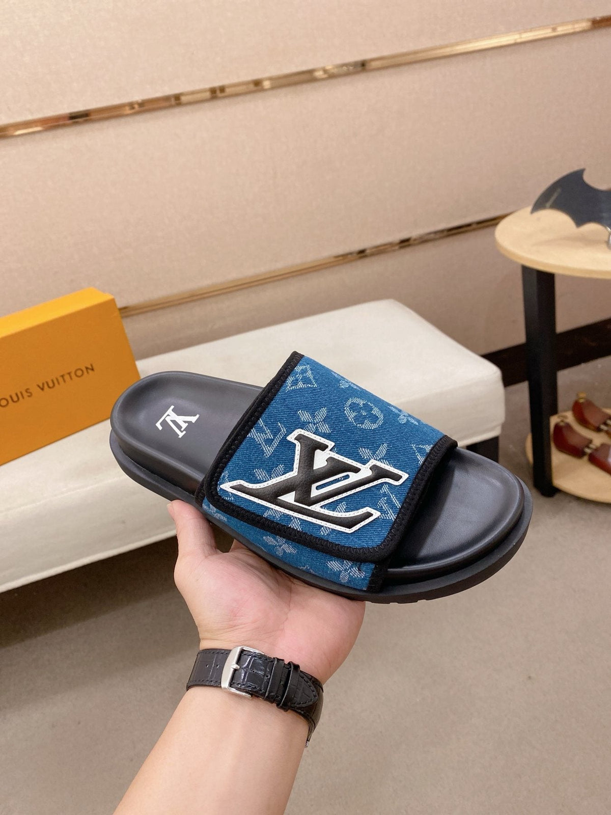 Louis Vuitton Blue Patterned Slide Sandals — side