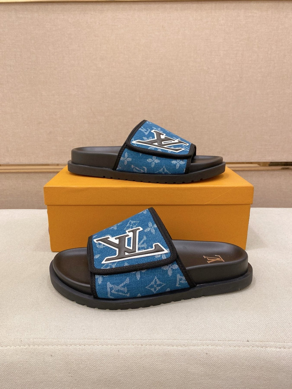Louis Vuitton Blue Patterned Slide Sandals — side