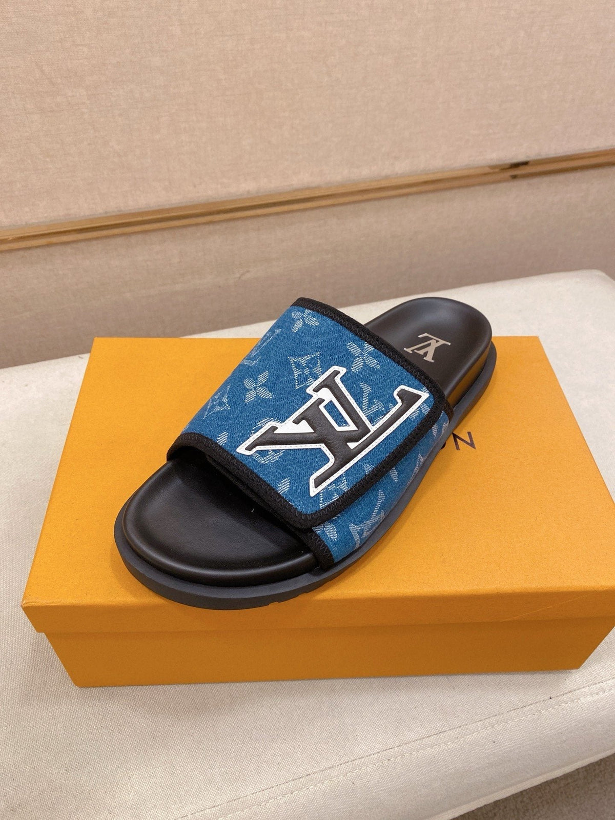 Louis Vuitton Blue Patterned Slide Sandals — hero