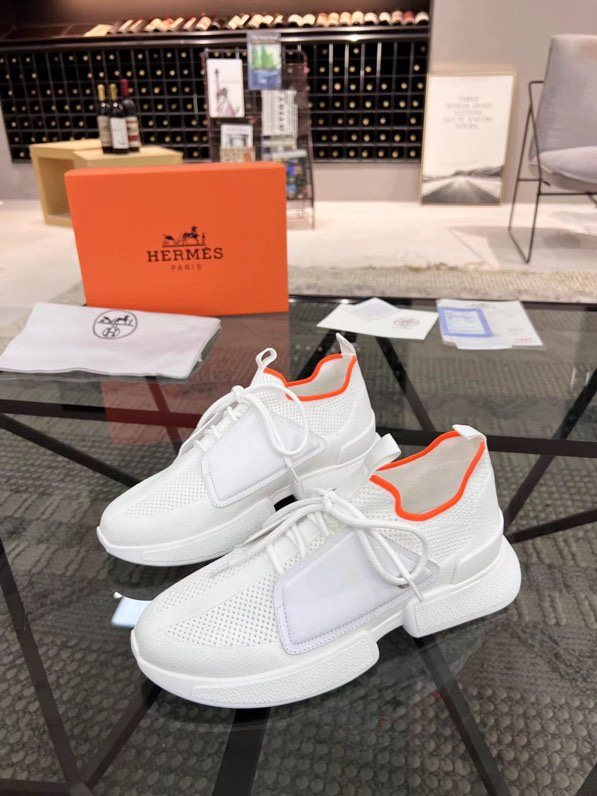 Hermès White Orange Knit Sneakers — side
