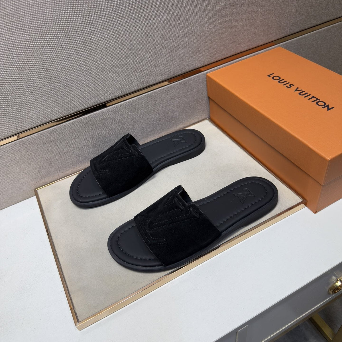 Louis Vuitton Black Logo Slide Sandals — hero