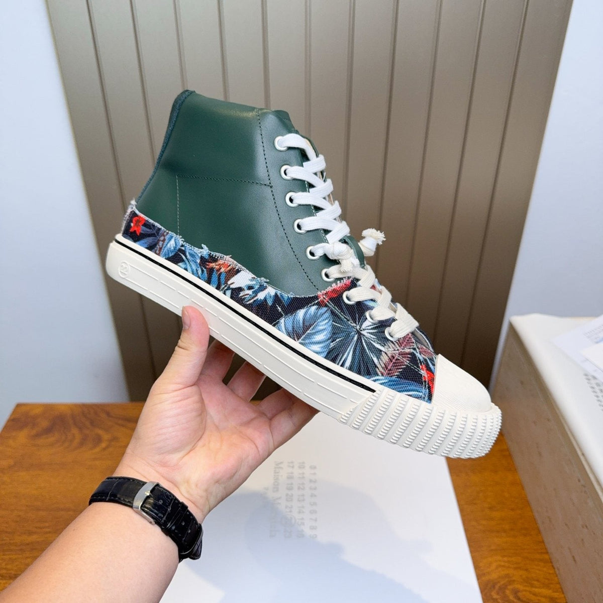 Maison Margiela Dark Green Floral High-Top Sneakers — side