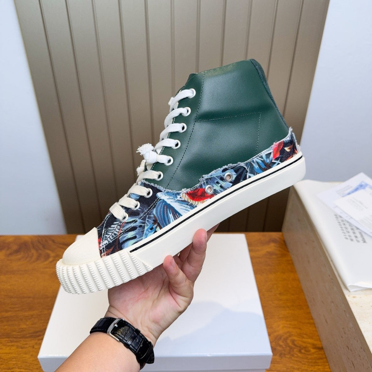 Maison Margiela Dark Green Floral High-Top Sneakers — side