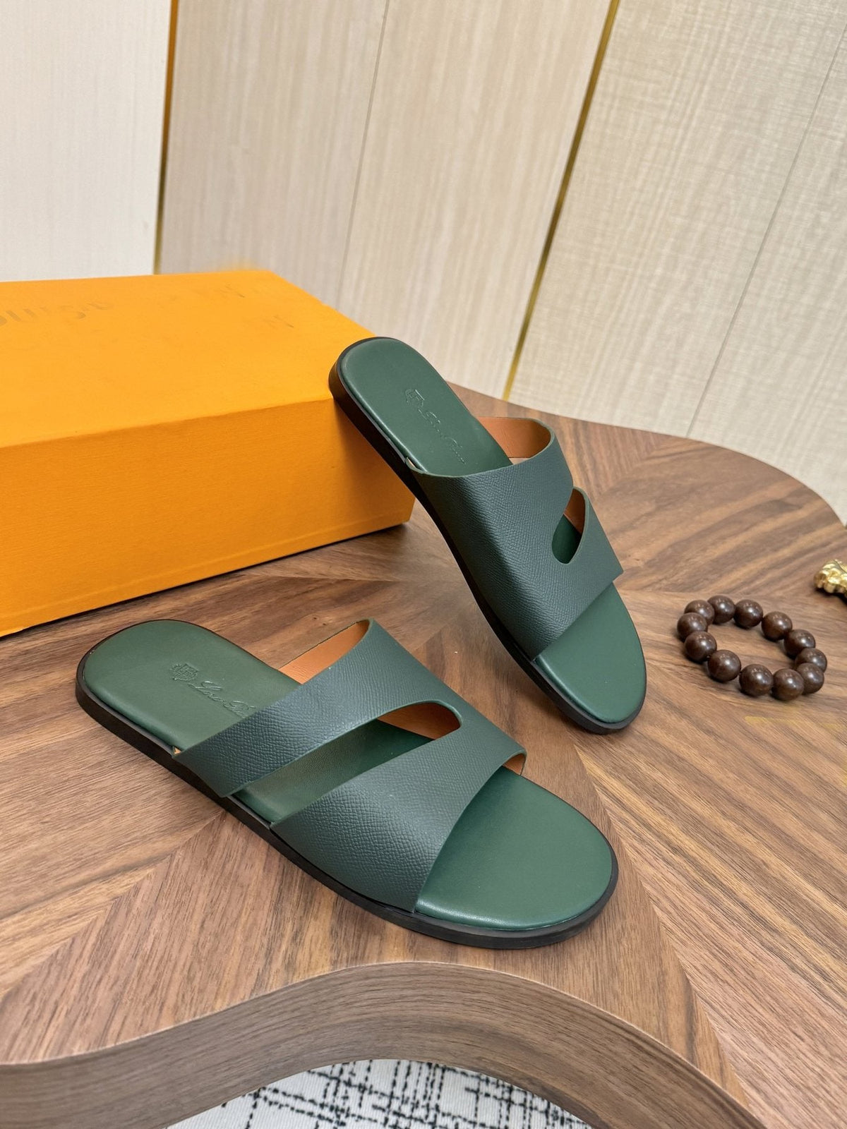 Loro Piana Dark Green Slide Sandals — side