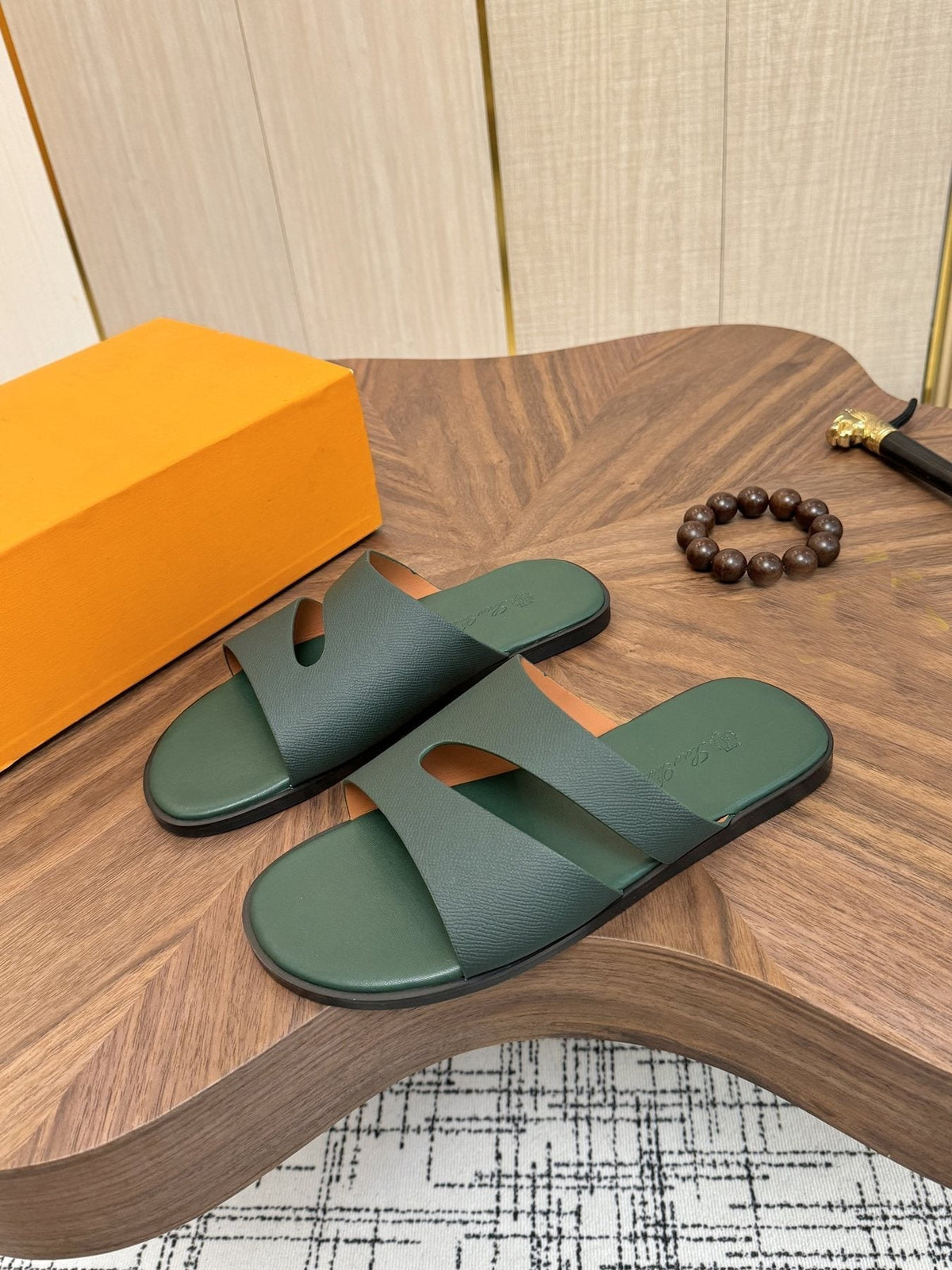 Loro Piana Dark Green Slide Sandals — side