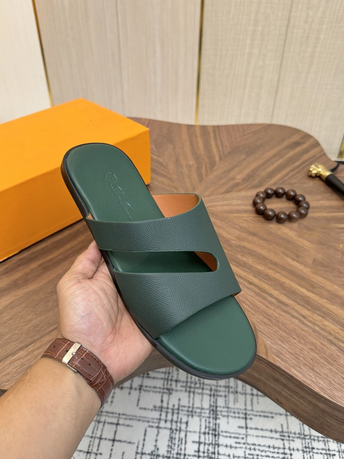 Loro Piana Dark Green Slide Sandals — model