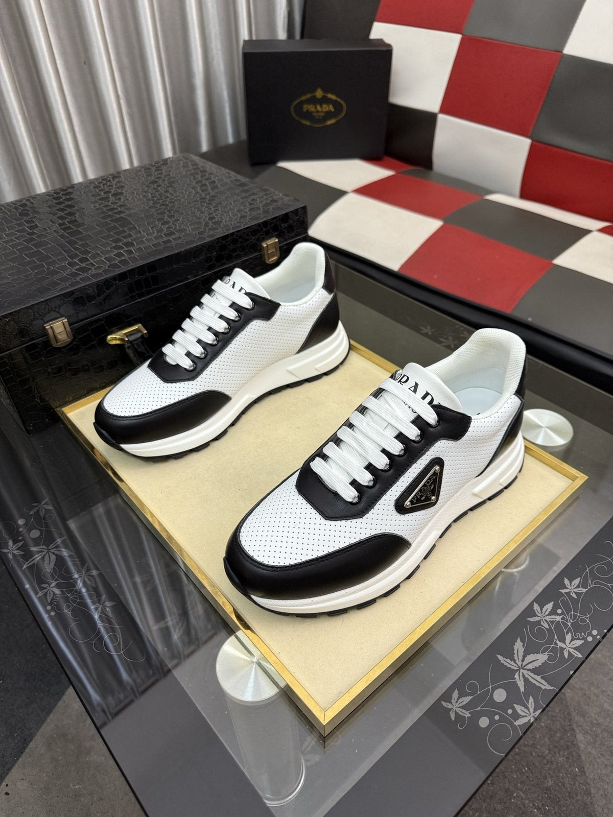 Prada White and Black Low-Top Sneakers — front