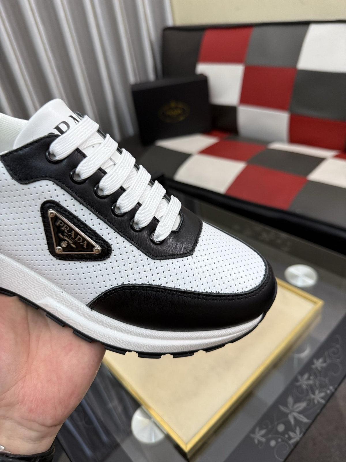 Prada White and Black Low-Top Sneakers — detail