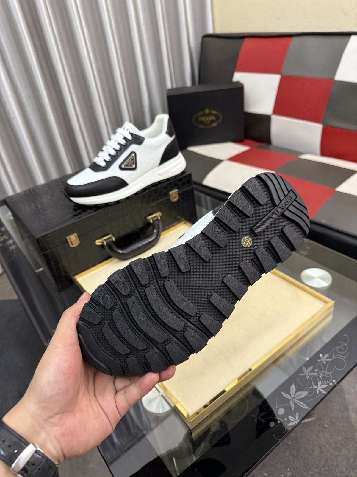 Prada White and Black Low-Top Sneakers — side