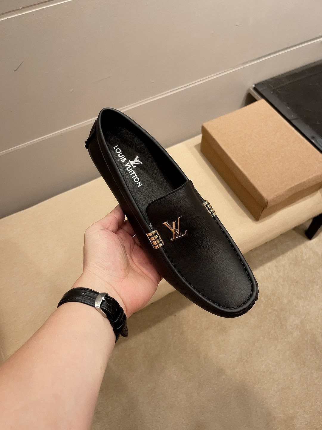 Louis Vuitton Black Pebbled Leather Loafers — front