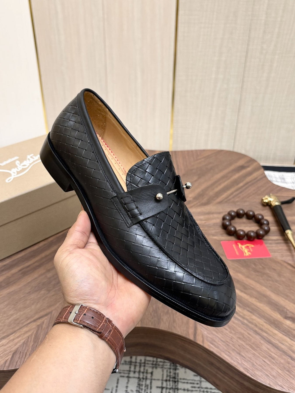Black Woven Leather Loafers — model