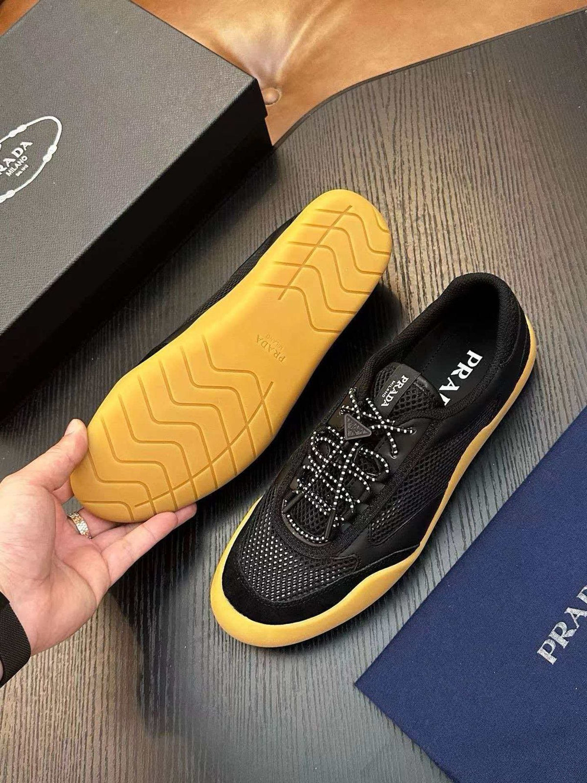 Prada Black Sneakers with Yellow Sole — front