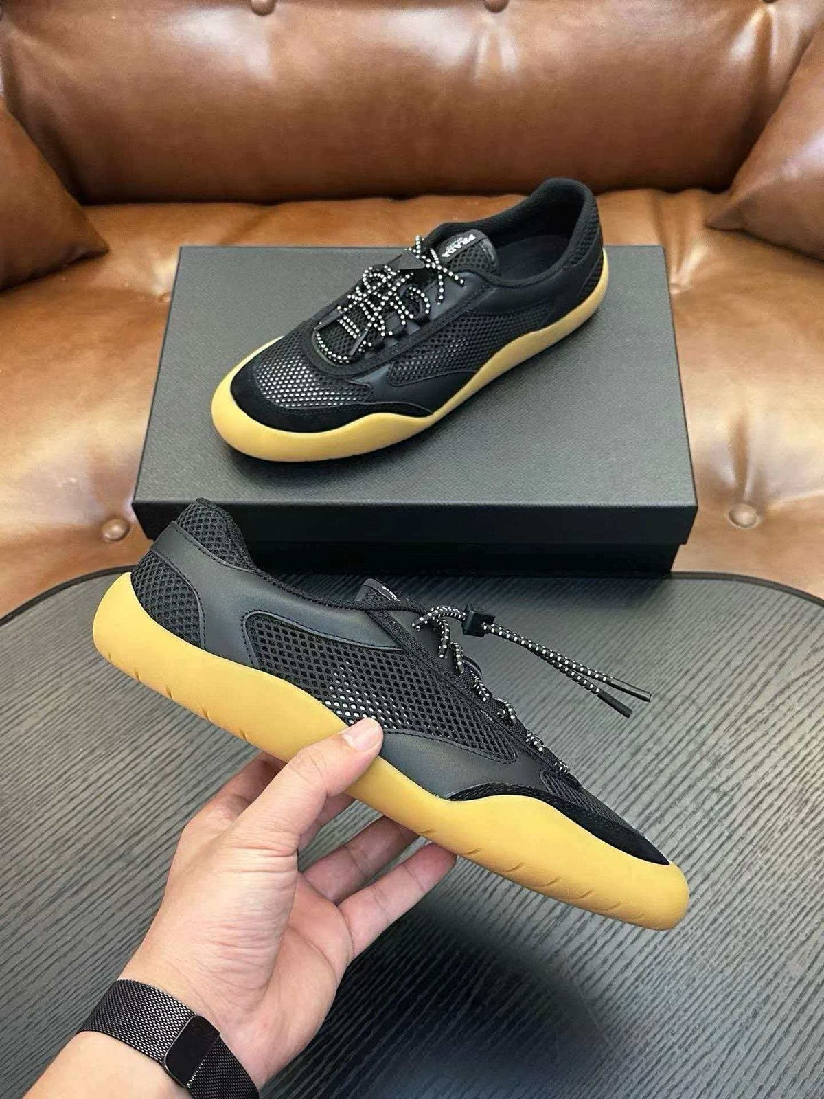 Prada Black Sneakers with Yellow Sole — side