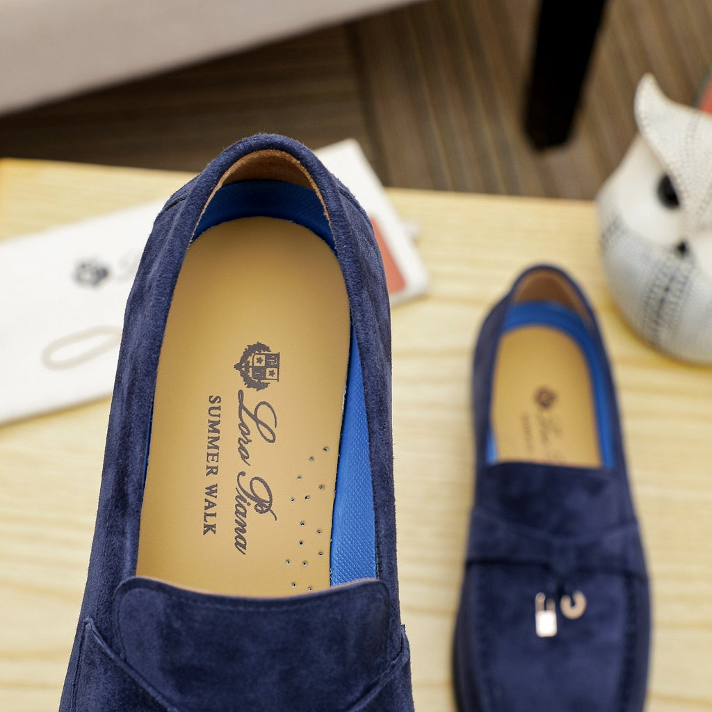 Loro Piana Navy Blue Metal-Bar Loafers — label