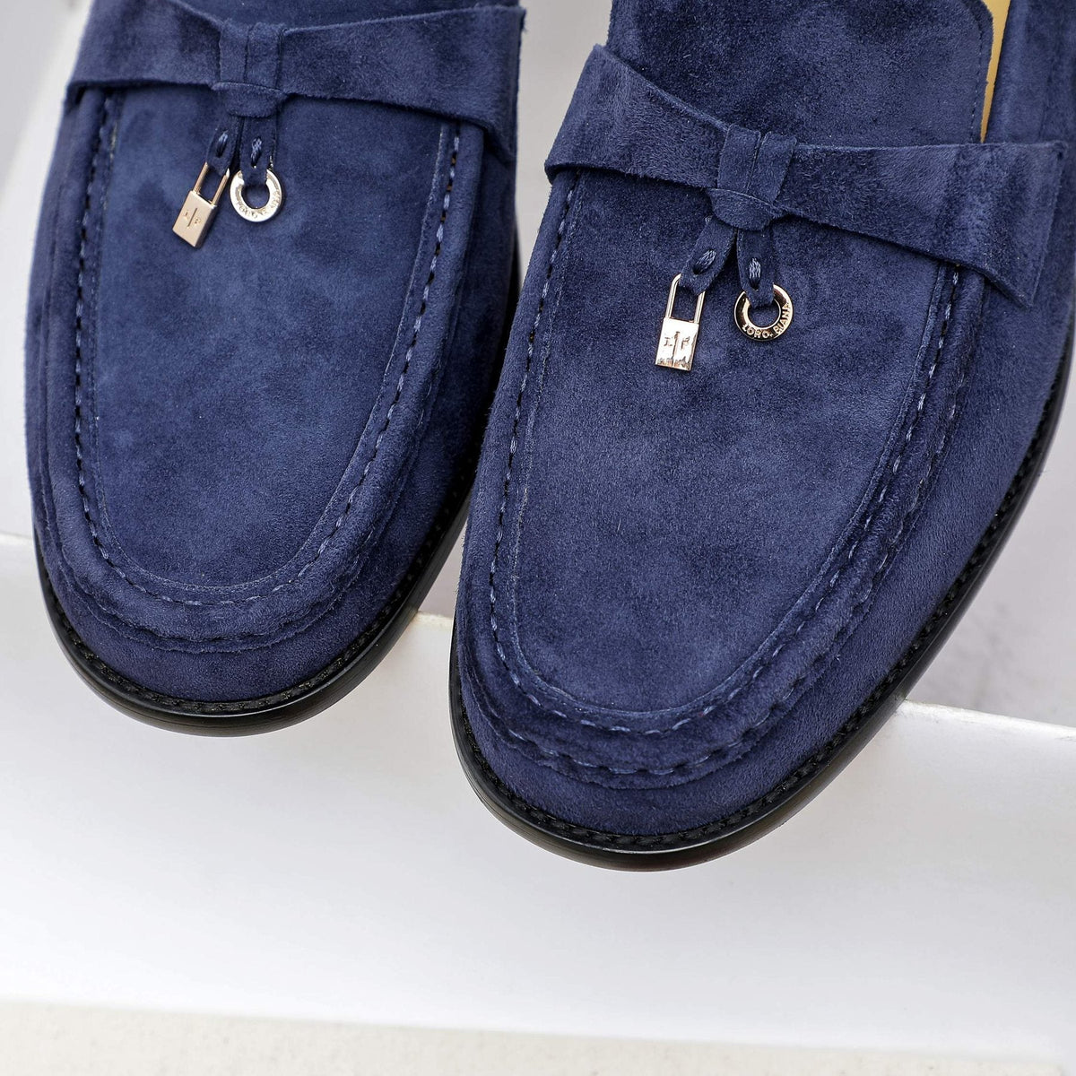 Loro Piana Navy Blue Metal-Bar Loafers — detail