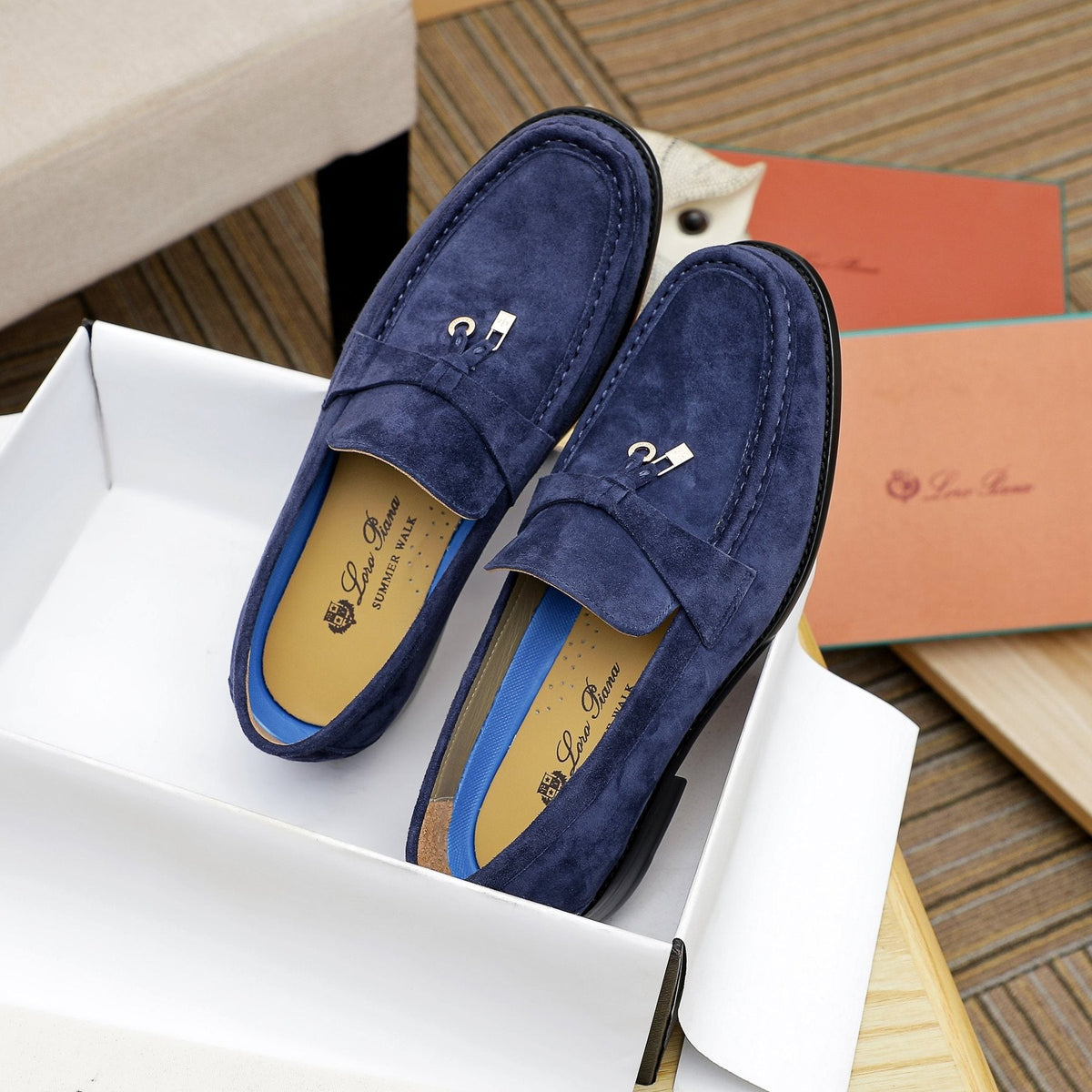 Loro Piana Navy Blue Metal-Bar Loafers — front