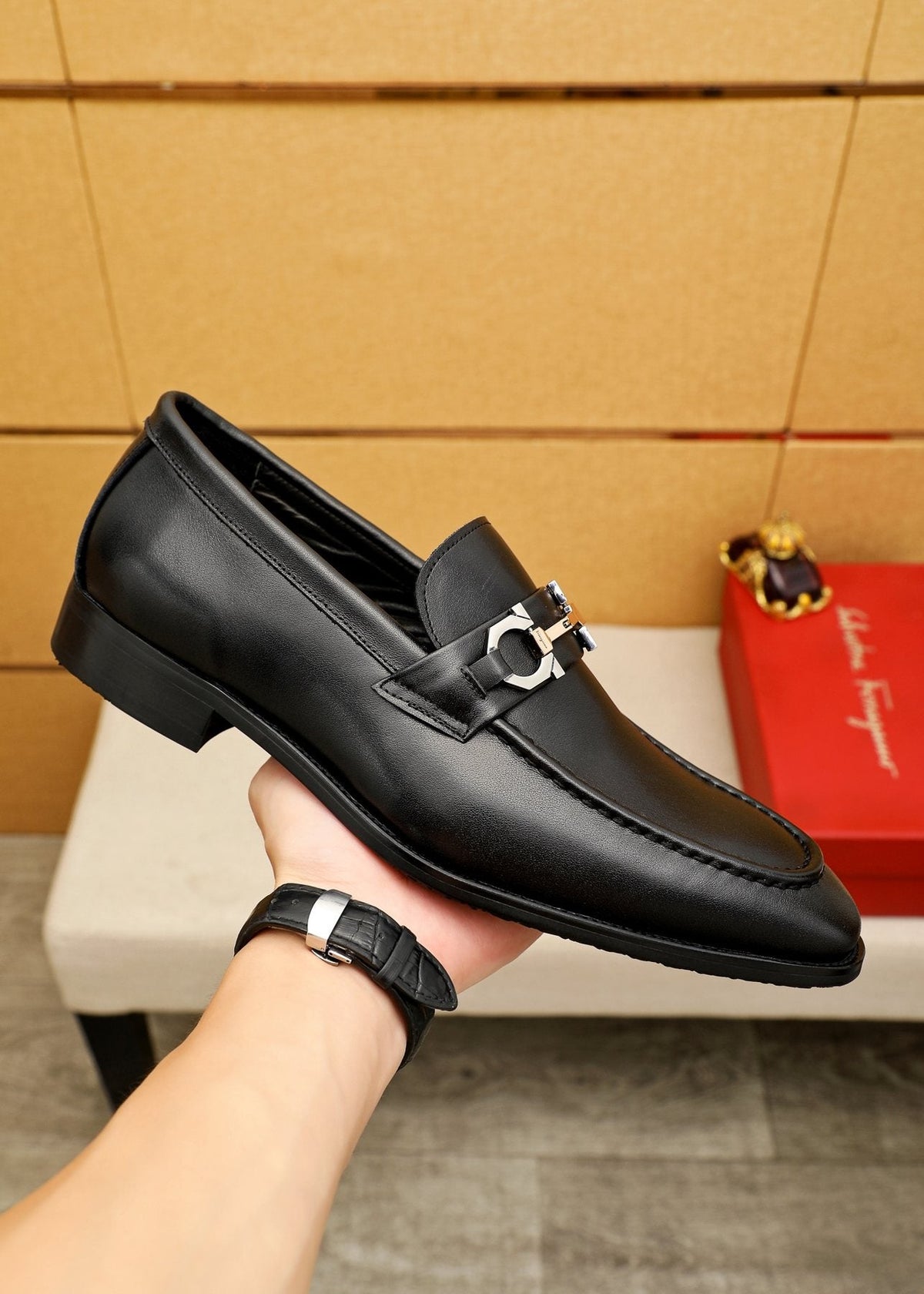 Salvatore Ferragamo Black Buckle Loafers — side