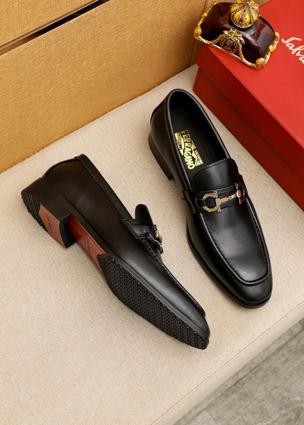 Salvatore Ferragamo Black Buckle Loafers — front