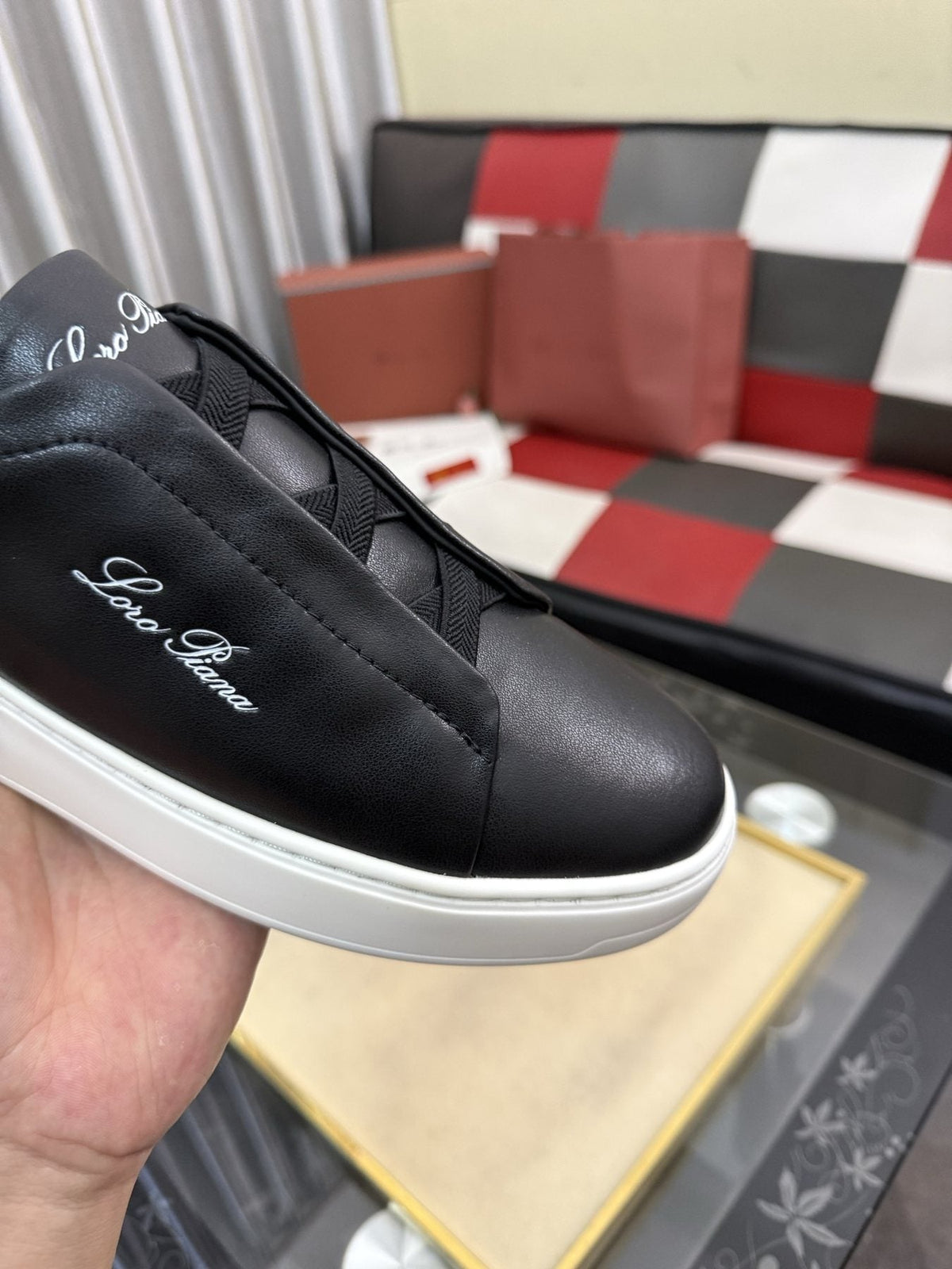 Loro Piana Black Slip-On Sneakers — label