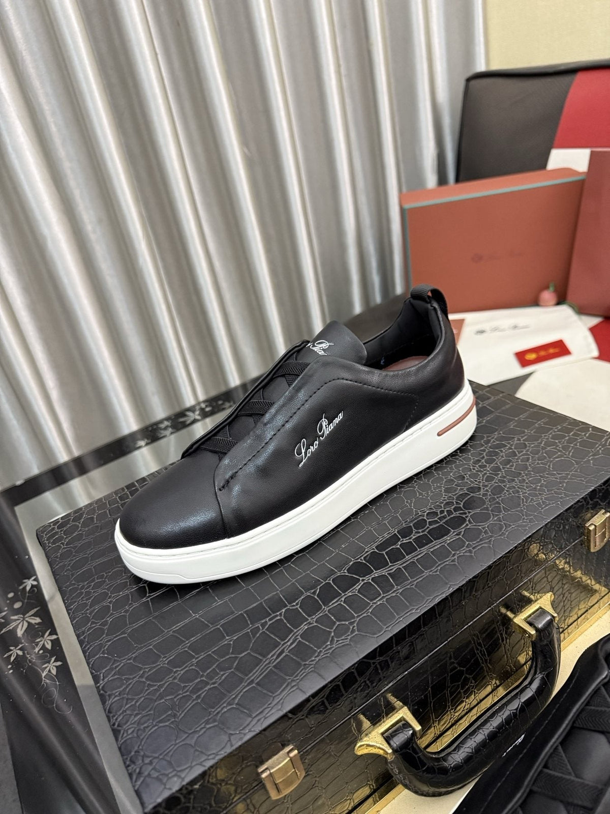 Loro Piana Black Slip-On Sneakers — front