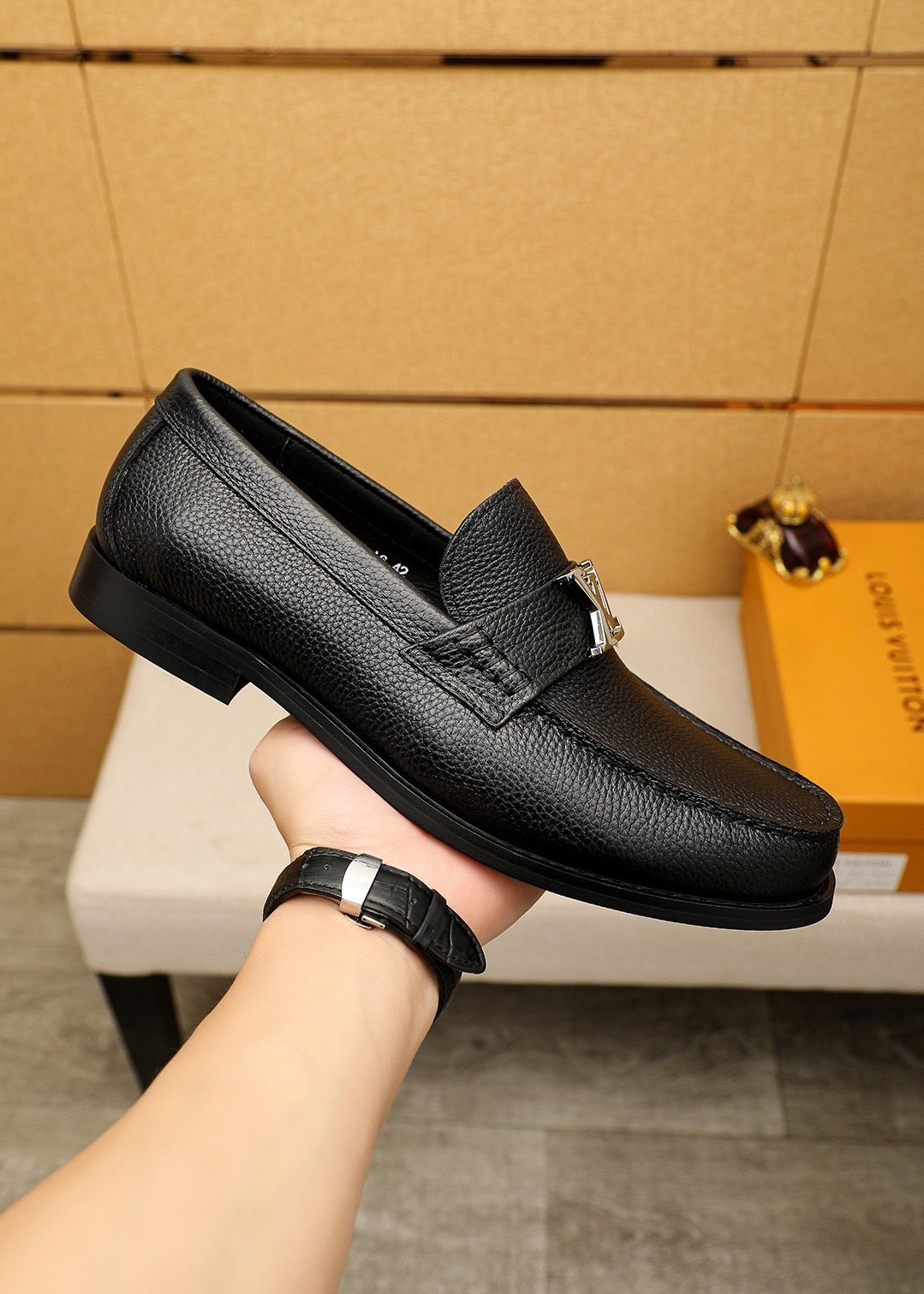 Louis Vuitton Black Pebbled Loafers — model