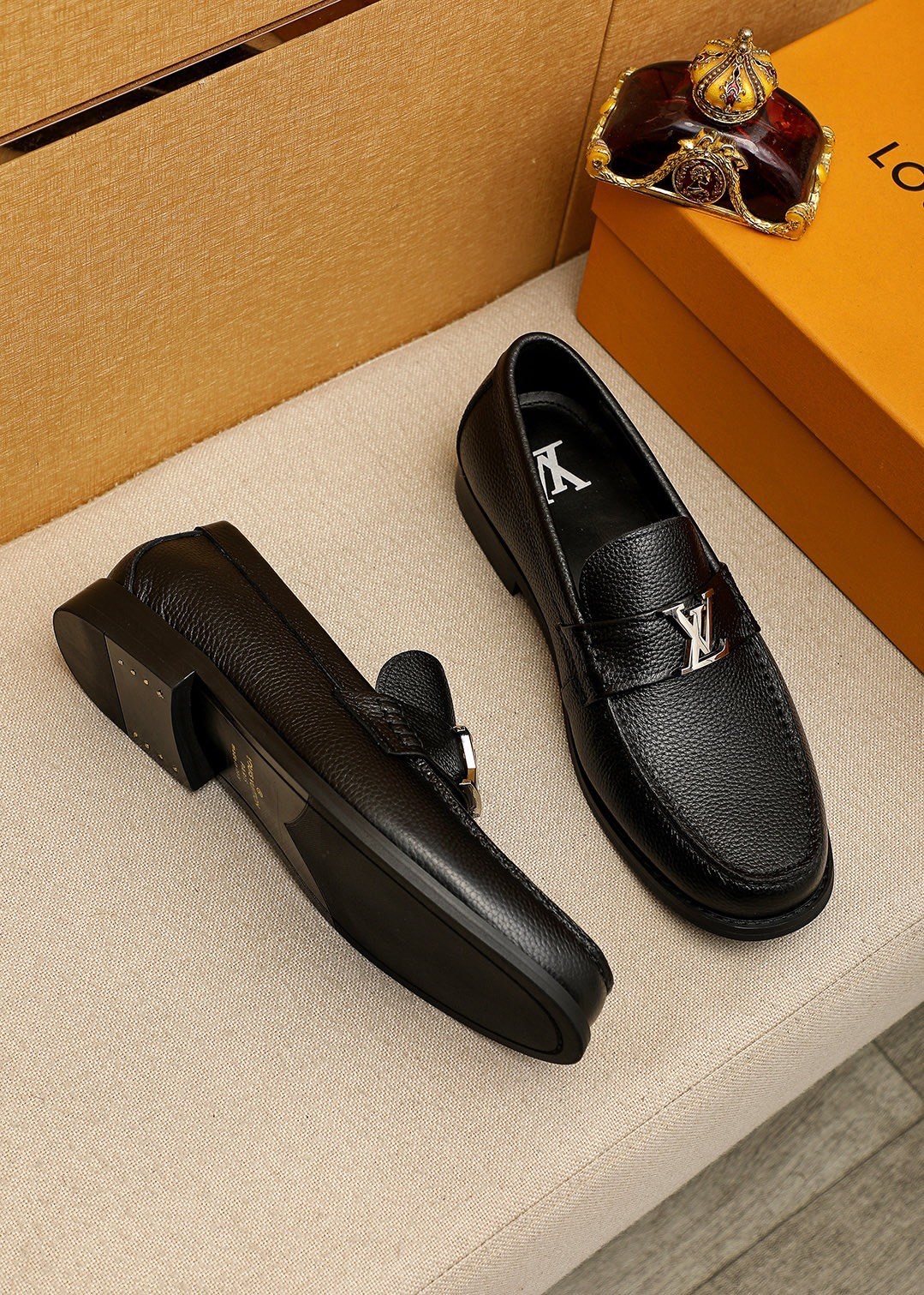 Louis Vuitton Black Pebbled Loafers — front