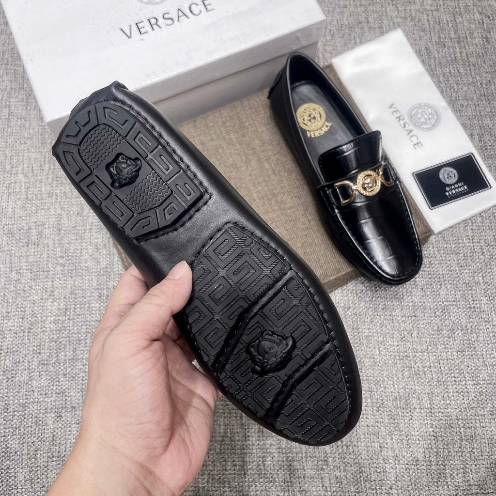 Versace Black Gold Hardware Loafers — detail