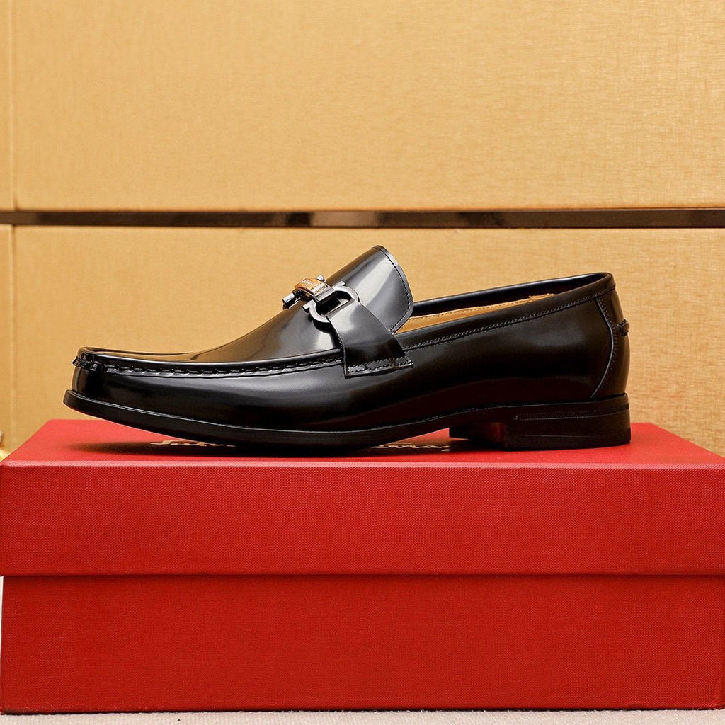 Ferragamo Black Buckle Leather Loafers — side