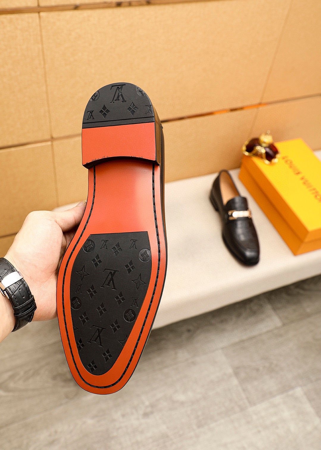 Louis Vuitton Black Embossed Loafers — detail