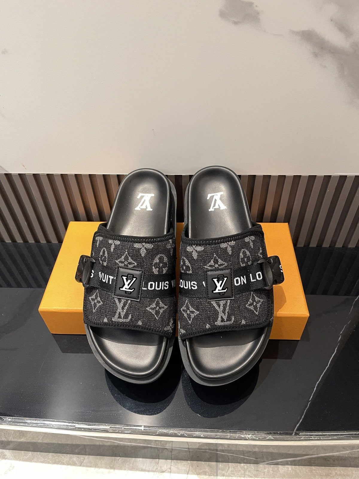 Louis Vuitton Black Monogram Slide Sandals — hero