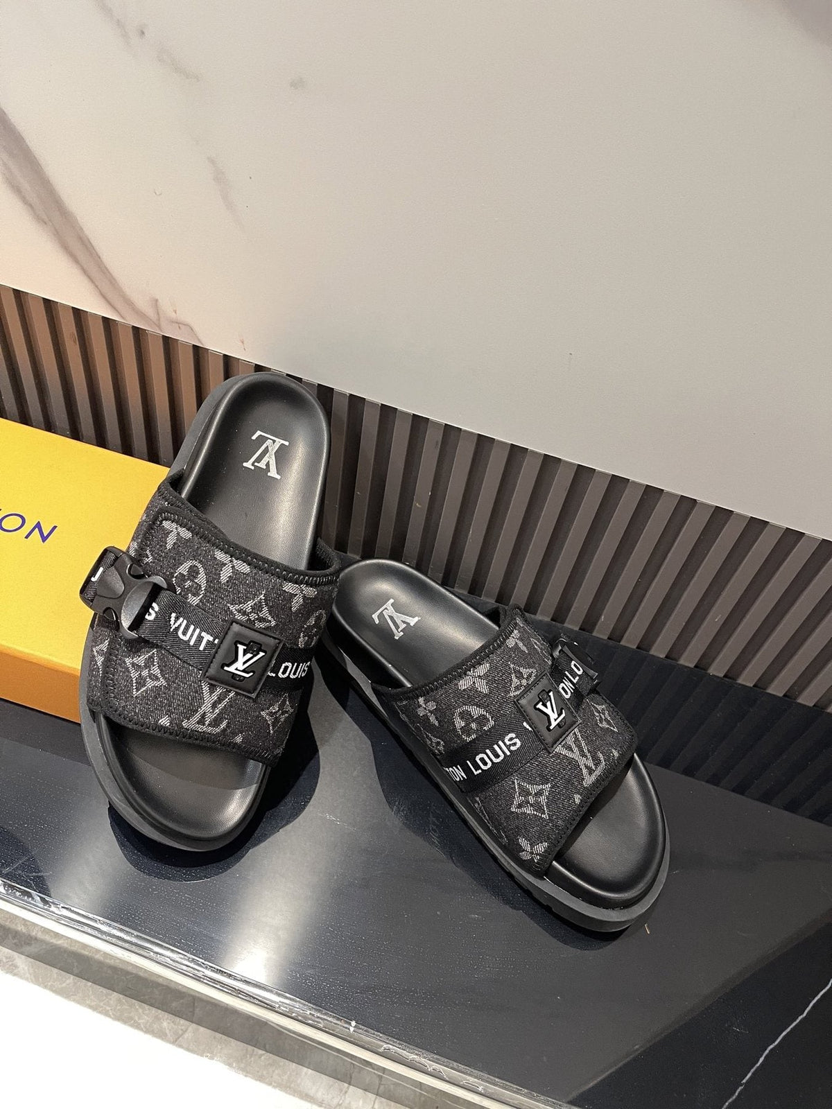 Louis Vuitton Black Monogram Slide Sandals — front