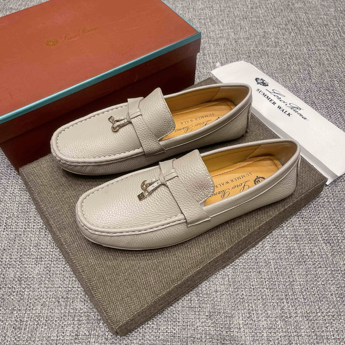 Loro Piana Light Gray Metal-Accent Driving Loafers — front