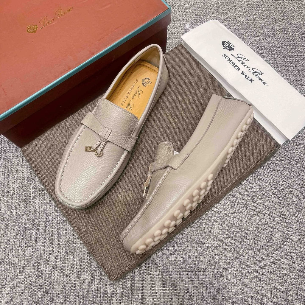 Loro Piana Light Gray Metal-Accent Driving Loafers — side