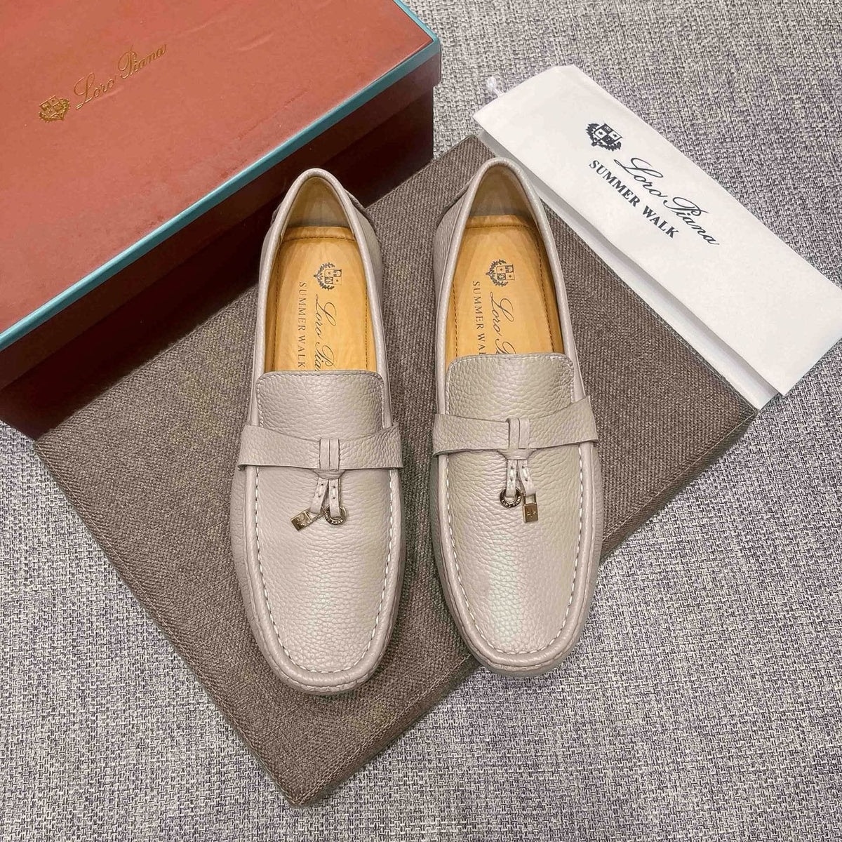 Loro Piana Light Gray Metal-Accent Driving Loafers — front