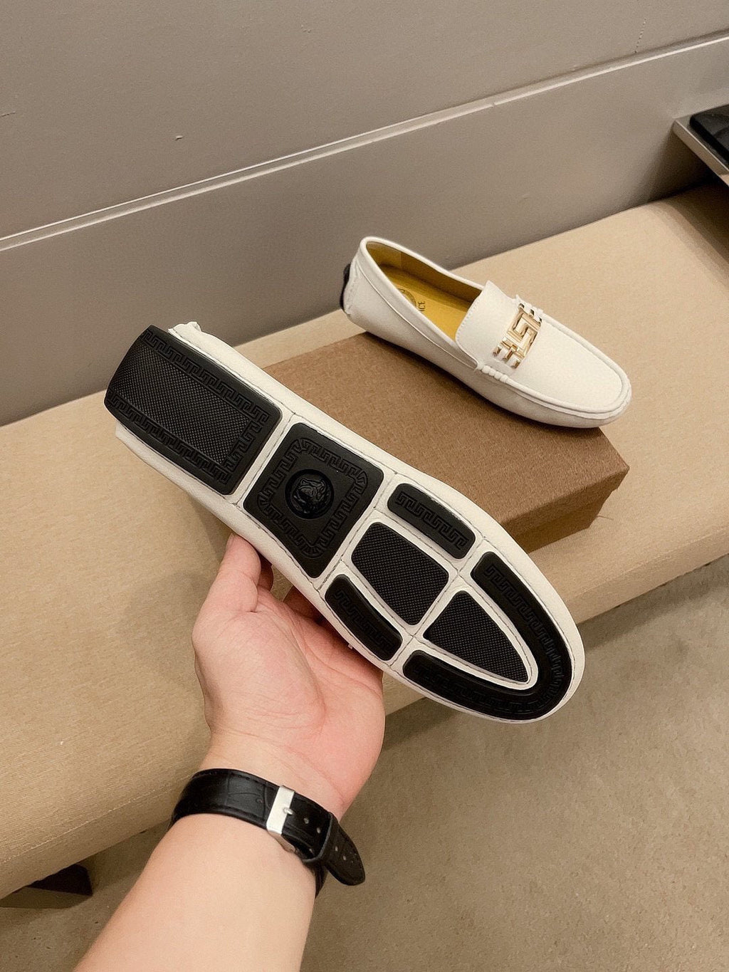 Versace Cream White Gold-Tone Loafers — back