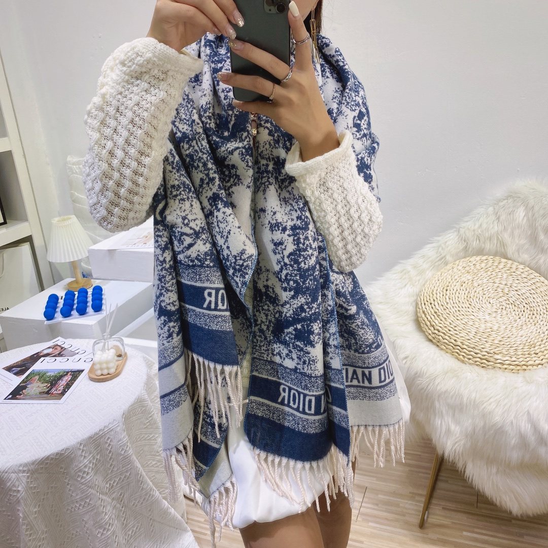 Dior Blue & White Toile Fringed Scarf — model