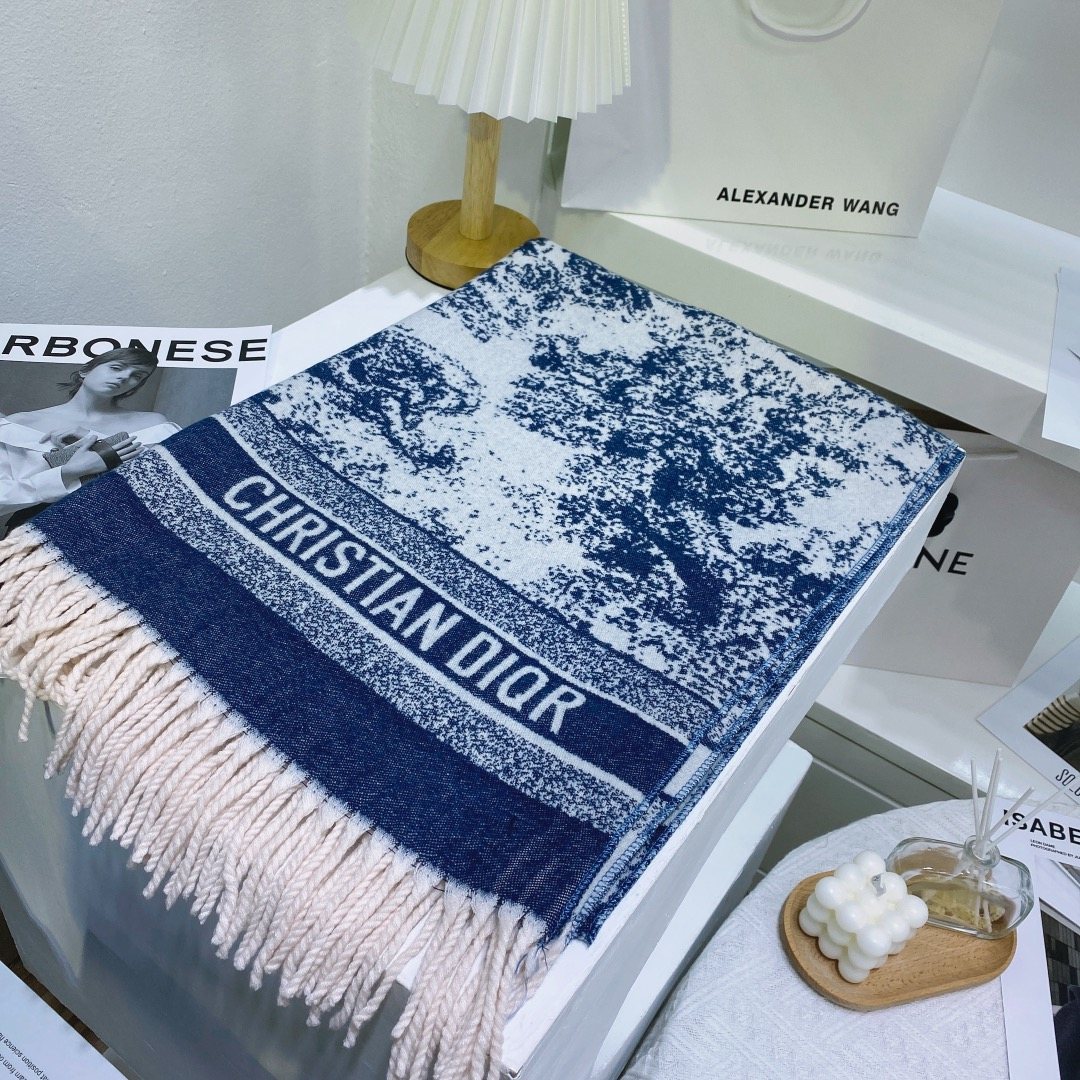 Dior Blue & White Toile Fringed Scarf — hero