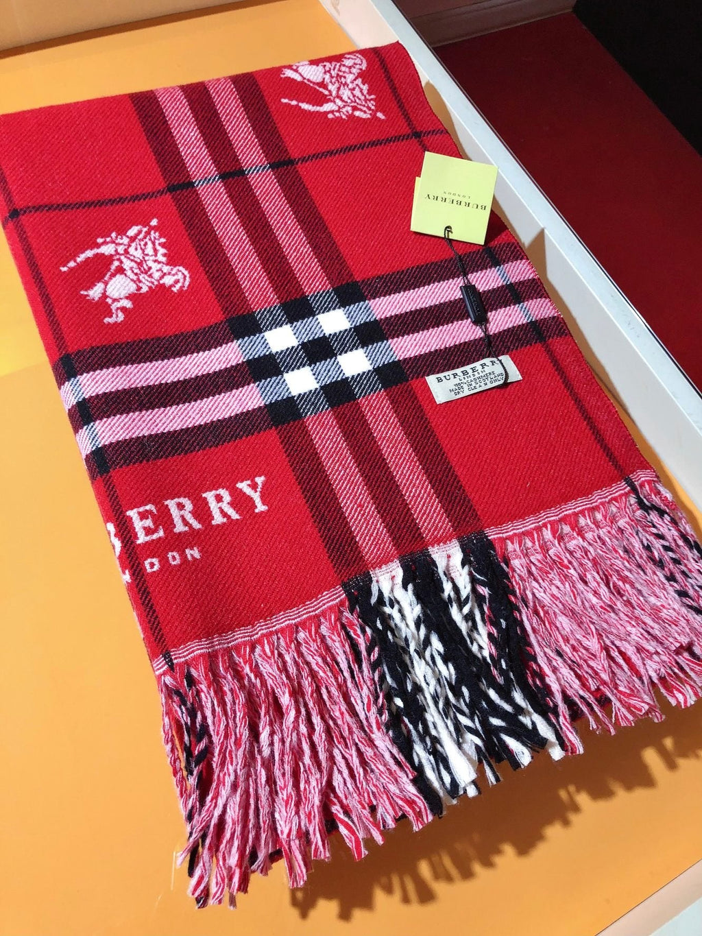 Burberry Embroidered Plaid Fringe Scarf — detail