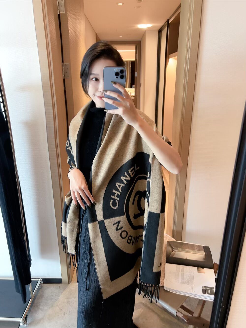 Chanel Fringed Logo Scarf Shawl — model